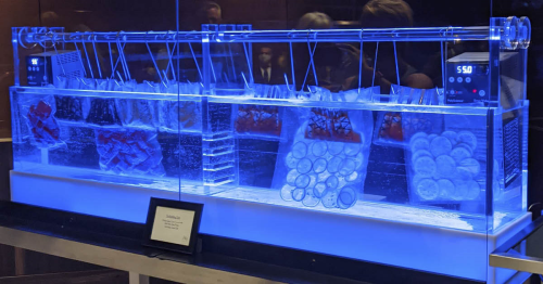 attendees in line at a self-serve sous vide food station